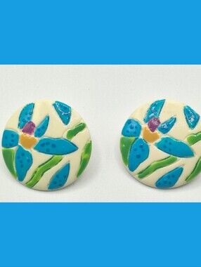 Vintage 80s Chunky Resin Round Painted Orchid Earrings Blue & White